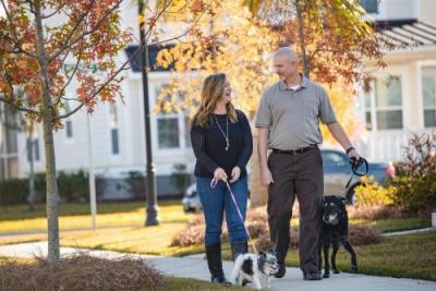 Two people walking dogs on a side walk