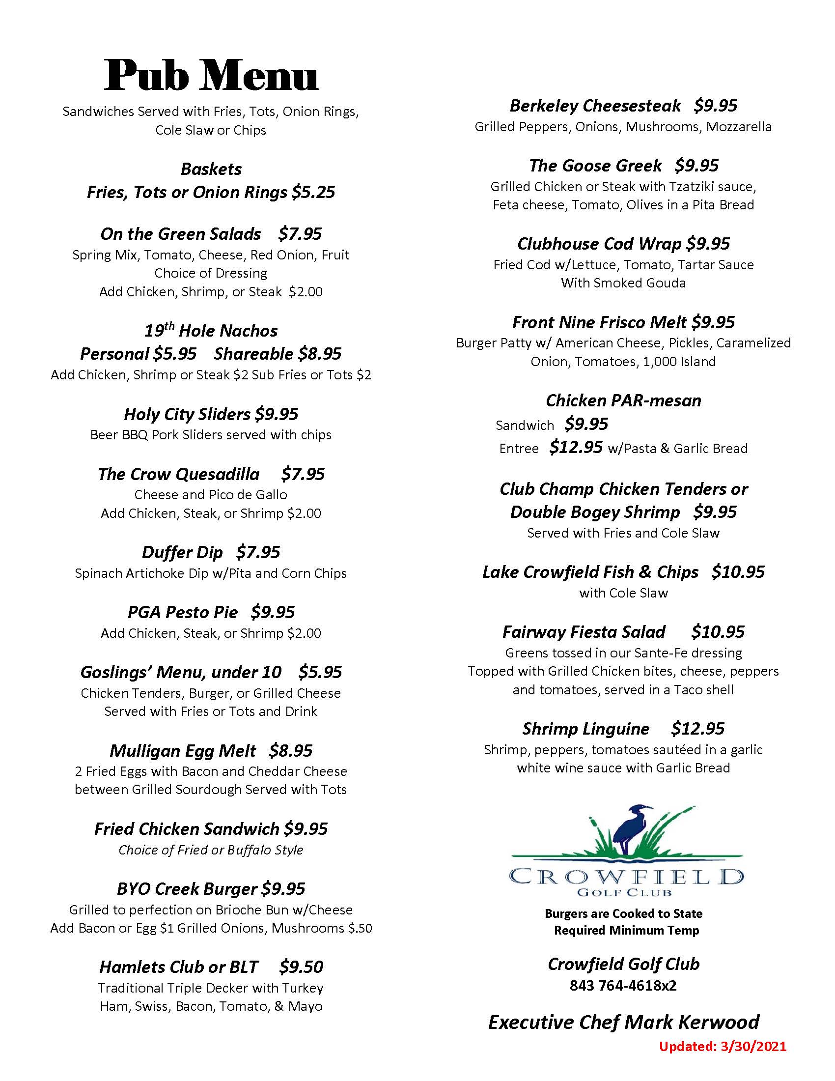 Crowfield Golf Club menu